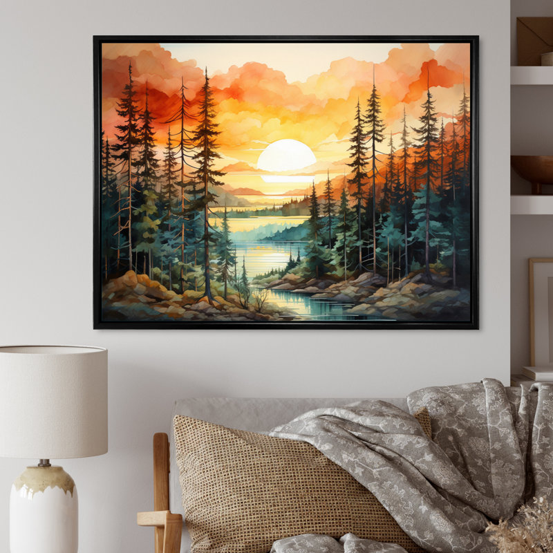 Pine Tree Sunset Glow II Framed On Canvas Print, Black Floater Framed, 16" H x 32" W x 1" D