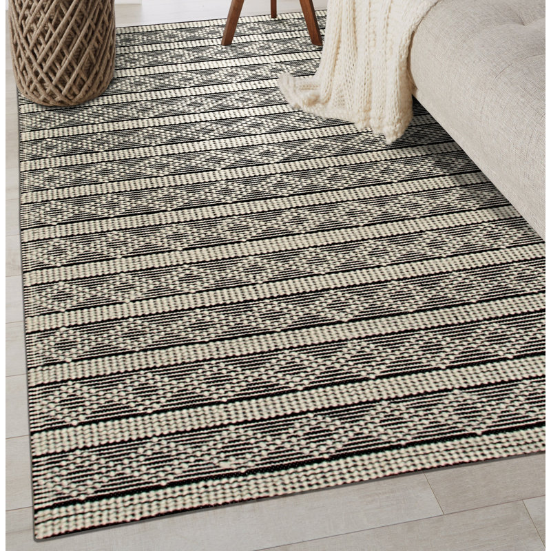 Tapis rayé noir en laine fabriqué à la main Selene, Rectangle 9 pi x 12 pi