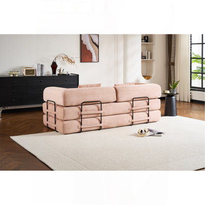 Convertible Sleeper Sofa Bed With Cylindrical Pillow, Corduroy Folding Mattress Couch With Fixed-Shape Frame, Floor Sofa Lounge Couch For Living Room Bedroom (Pink)