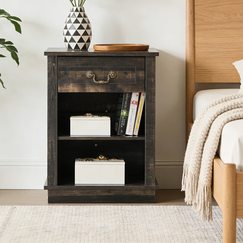 Table de chevet Farmhouse avec tiroir et tablette réglable, table de chevet en bois avec compartiment ouvert pour le rangement dans la chambre à coucher, table de bout de fabrication durable