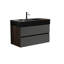 Meuble-lavabo moderne avec lavabo noir mat et deux tiroirs en noyer, corps de grille mural, option de rangement