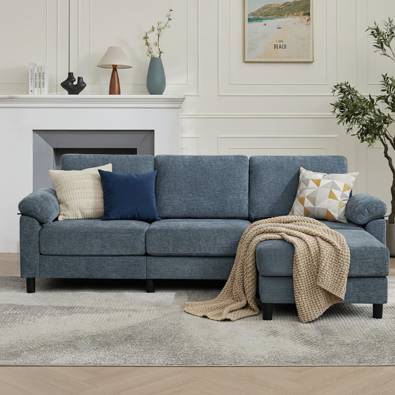 4-Piece Upholstered L-Shape Convertible Sectional Couches Sofas with Ottoman, Blue