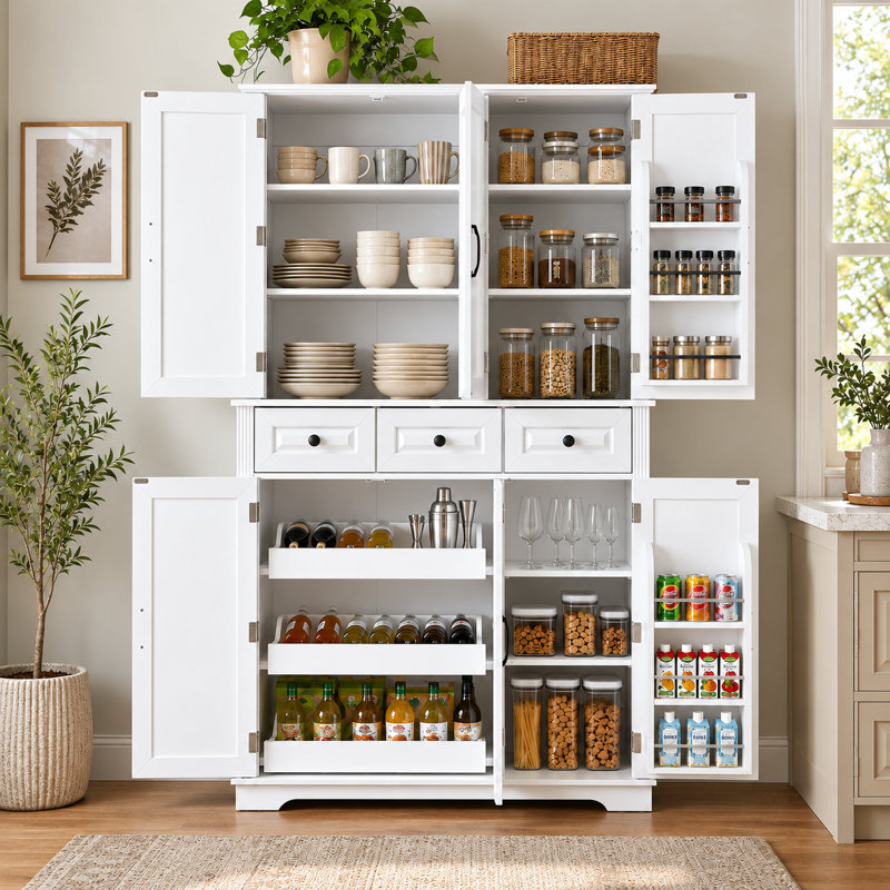 Armoire de cuisine de style campagnard de 72 pouces avec 6 tablettes de porte, 3 plateaux coulissants et 3 tiroirs, Blanc