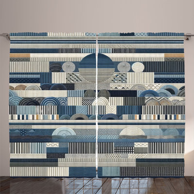 Ambesonne Curtains 2 Panel Set, Geometric Shapes Stripes, Slate Blue Almond Ecru -  p_sd1872_108x84