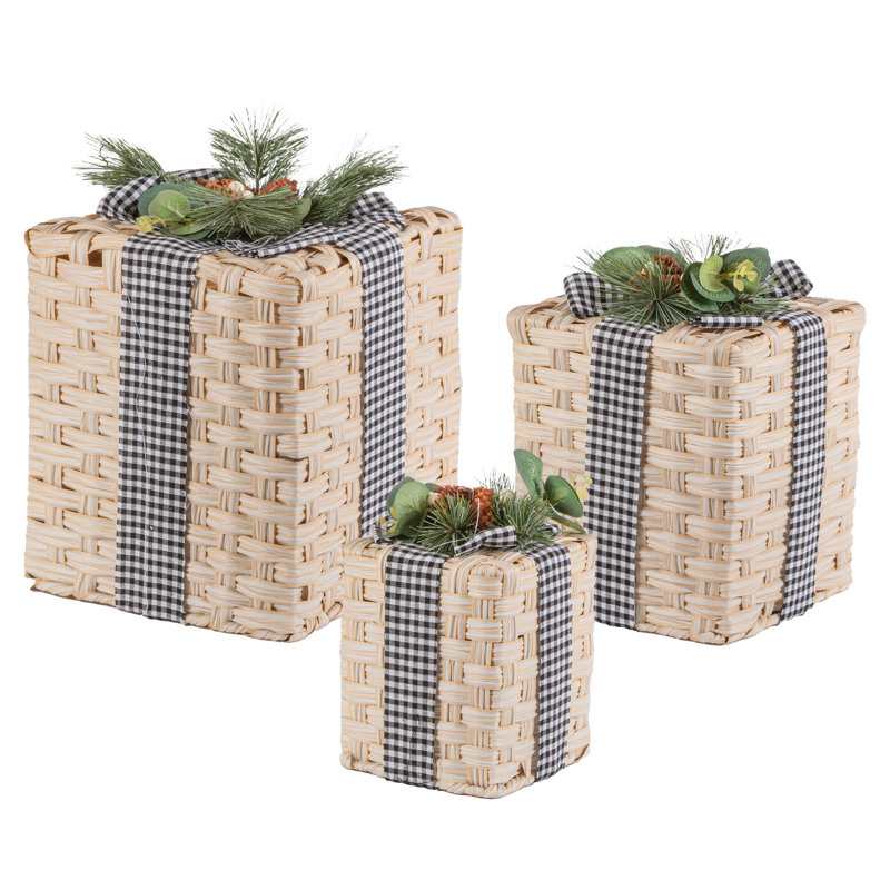 Woven Design Nested Box Décor With Pine Cones And Bow Set Of 3