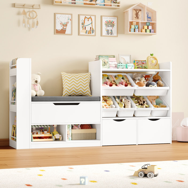 📖 63”W 35.4”H Kids Bookcase with Cozy Reading Nook, Toy Storage Bins & Rolling Drawers - A Toddler Bookshelf That Organizes, Displays, and Inspires Daily Storytime
