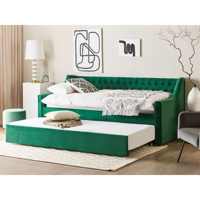 Picidae Upholstered Daybed with Trundle, Green, European Single (90 x 200cm)