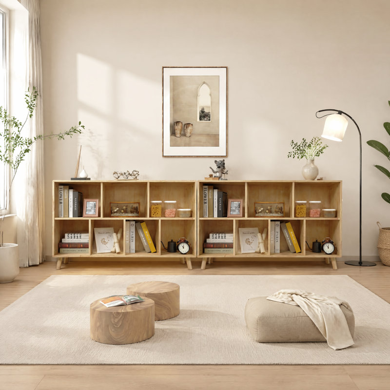 Bibliothèque en bois à 2 niveaux avec pieds, rangement ouvert à 7 cubes pour bureau à domicile, salon et salle d'étude