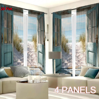 4Pcs Rustic Beach House Ocean View Curtains, Coastal Aesthetic Door Print, Light Filtering, For Living Room, Bedroom, Dining, Home Decor, Kitchen Window, Study, Hotel, Bathroom Decoration