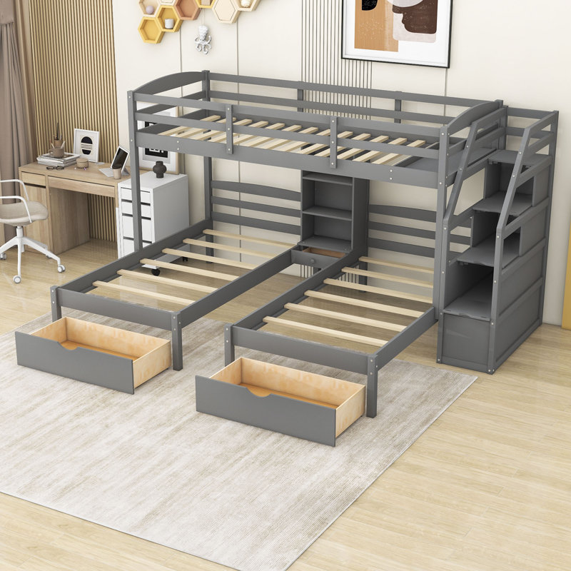 Gudiya Twin over Twin and Twin 3 Drawer Triple Bunk Bed with Shelves by Harriet Bee