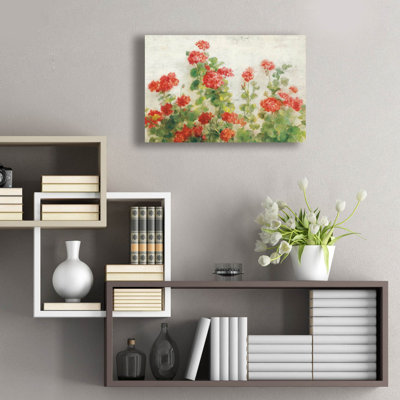  «Red Geraniums On White V2» par Danhui Nai, art mural en verre acrylique, 24 po x 16 po