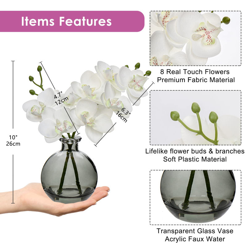 Orchidées artificielles, ensemble de 2 fausses orchidées avec vase en verre noir / vase noir, Blanc