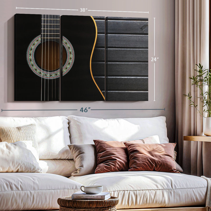 "Guitare acoustique foncée", 3 pièces sur toile, H 48 po x l 74 po x P 1,25 po
