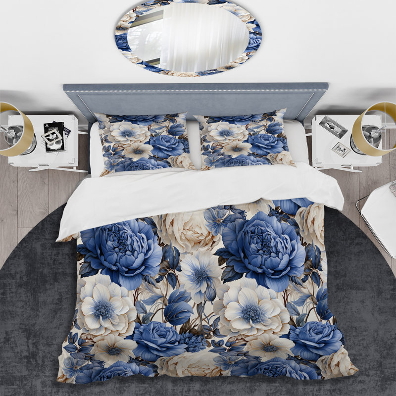 Blue Renaissance Roses Victorian Pattern IV Duvet Cover, King Duvet Cover + 2 King Shams