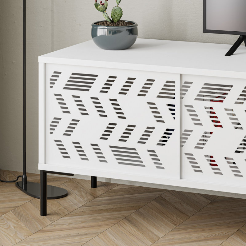 Meuble télé blanc moderne avec de nombreuses tablettes, 66,9 po x 19,1 po x 17,7 po | 100% panneau de particules enduit de mélamine, épaisseur: 0,7 pouce | Conception géométrique élégante, parfaite pour le salon et les espaces de divertissement