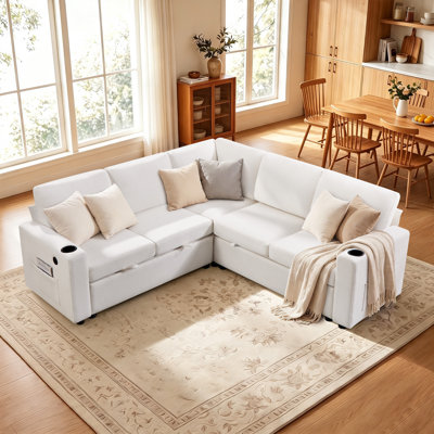 83.46'' Wide Upholstered Modular Sectionals With Pull-Out Sofa, Storage Chaise, USB Charging & Cup Holders