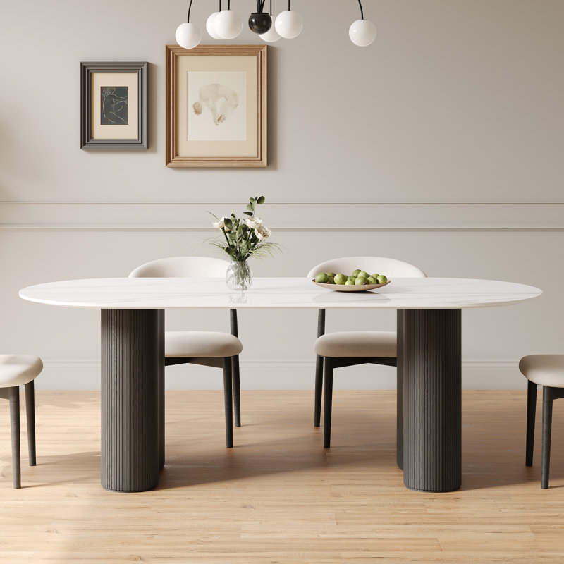 Table de salle à manger moderne 71 po ovale, plateau blanc fritté brillant en pierre, pieds doubles en bois massif pour 4 à 6