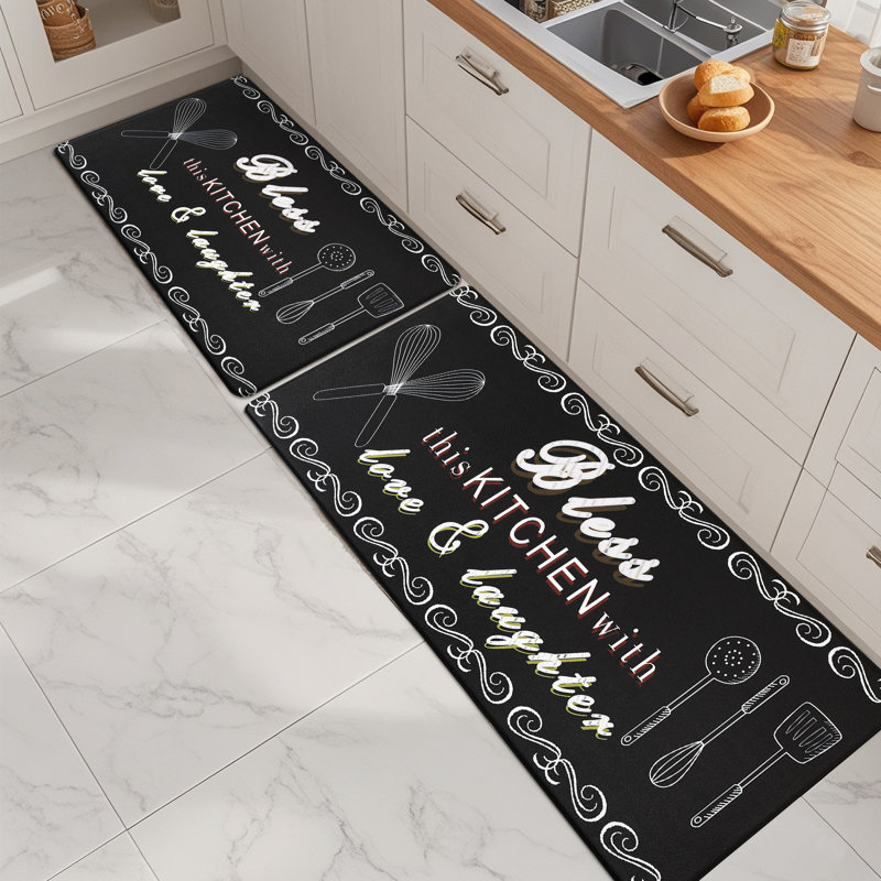 Anti-Fatigue Non-Skid Waterproof Cushioned Kitchen Mat (Set of 2), Black, Runner 17" x 28" + 17" x 48"
