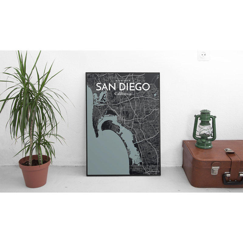 «San Diego City Map», reproduction d'impression sur affiche en noir, H 36 po x l 24 po