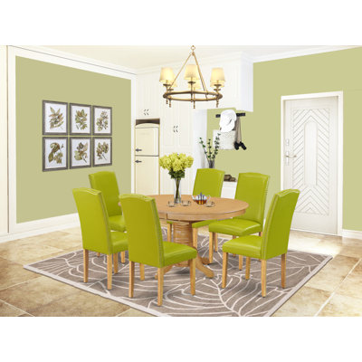 Ensemble de table de salle à manger 7 pièces composé d'une table ovale en bois avec feuille papillon et de 6 chaises rembourrées en similicuir vert automne