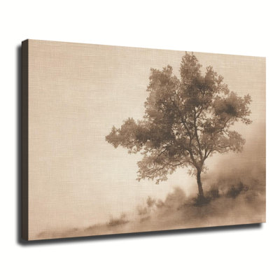 Sepia Vintage Lone Tree On Misty Field, Large Gallery Wrapped Canvas Wall Art Print For Living Room Bedroom