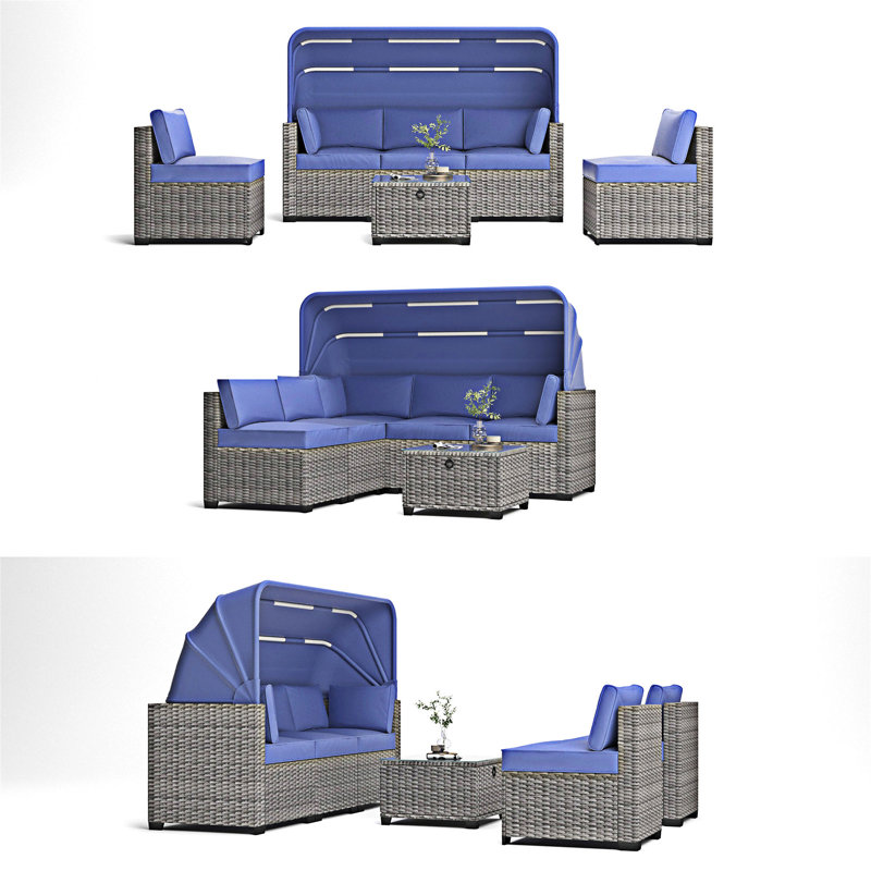 6 Pieces Outdoor Sectional Sofa Set with Adjustable Backrest, Antique Blue Cushion/Grey Frame