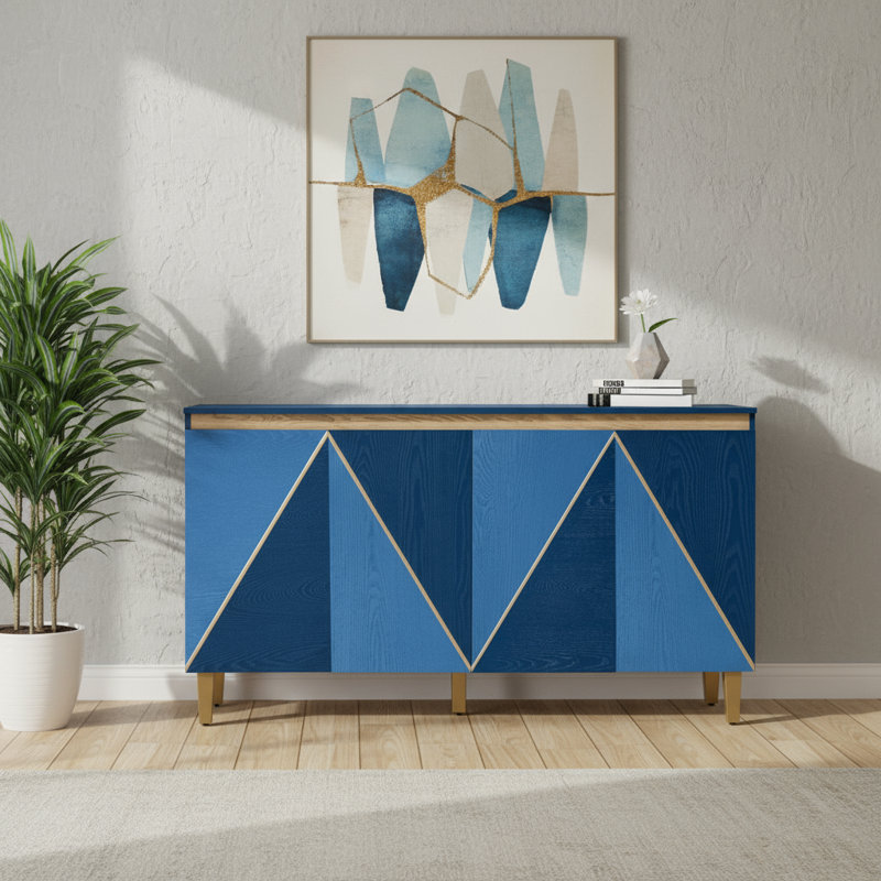 Buffet rétro de 60 pouces avec espace de rangement, bleu marine clair / foncé optionnel, 4 armoires à effet 3D à 3 portes + tablettes réglables, convient à la cuisine, au salon et plus encore