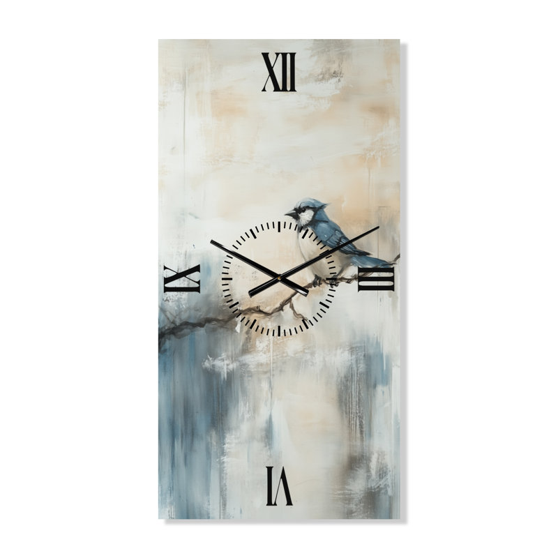 Geai bleu sur une branche d'hiver I - Grande horloge murale scandinave, H 40 po x l 20 po - Rectangle