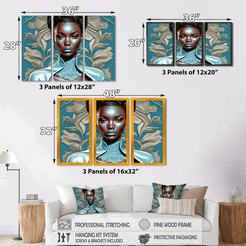 Beautiful Retro African American Model II - 3 pièces sur toile, H 28 po x l 36 po x P 1 po, Toile tendue