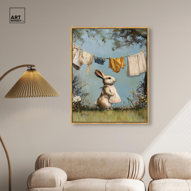 «Bunny's Laundry Day I», impression sur toile de Pâques par Art Remedy, cadre doré, 30 x 36, H 37 po x l 31 po