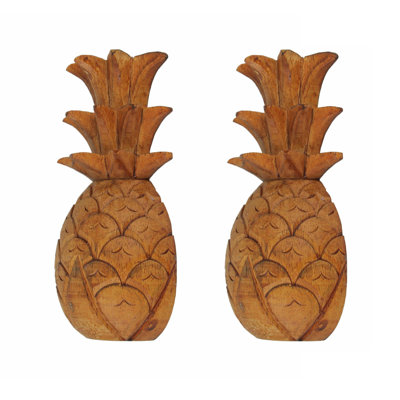 Ensemble de 2 sculptures murales ananas en bois teinté brun acajou côtier Coastal