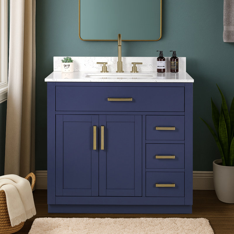 Meuble-lavabo simple 36 po avec tiroir, tablette, prise de courant et plateau en marbre d'ingénierie, Bleu royal