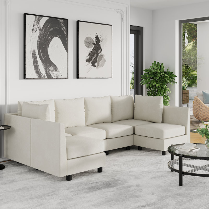 6-Piece U-Shaped Modular Sectional Sofa, Beige Chenille