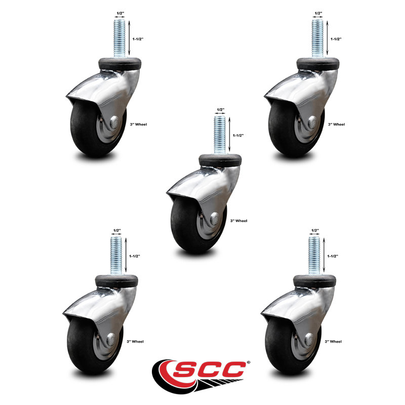 Ensemble de roulettes à tige filetée en néoprène de 3 pouces en chrome brillant de ½ pouce