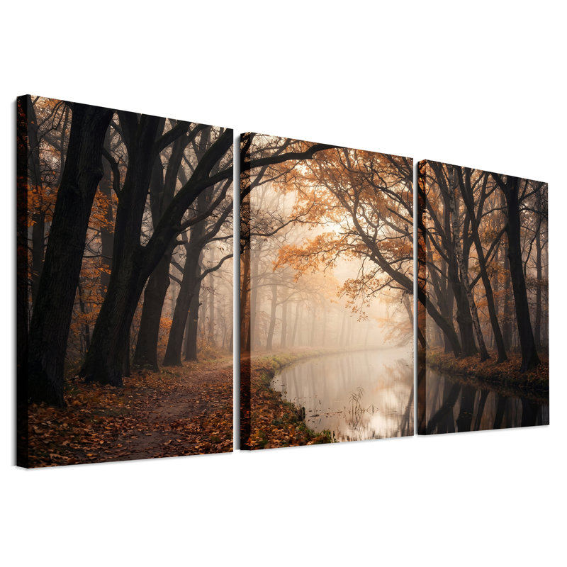 «Autumn Forest Path with Misty Canal», ensemble de 3 toiles murales, 36"H x 24"W x 3pcs