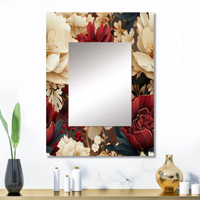 Areej riche coquelicots fleurs opulentes - rouge, miroir mural décoratif, art en métal imprimé, 32 po x 24 po