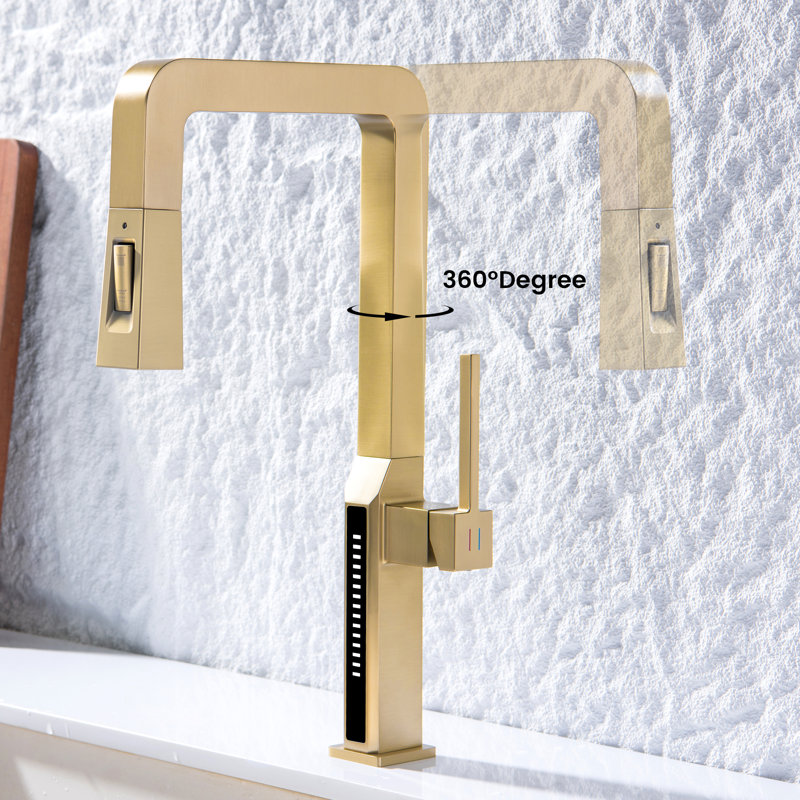 Single Handle Kitchen Faucet with Pull Out Sprayer and LED Temperature Display, Brushed Gold