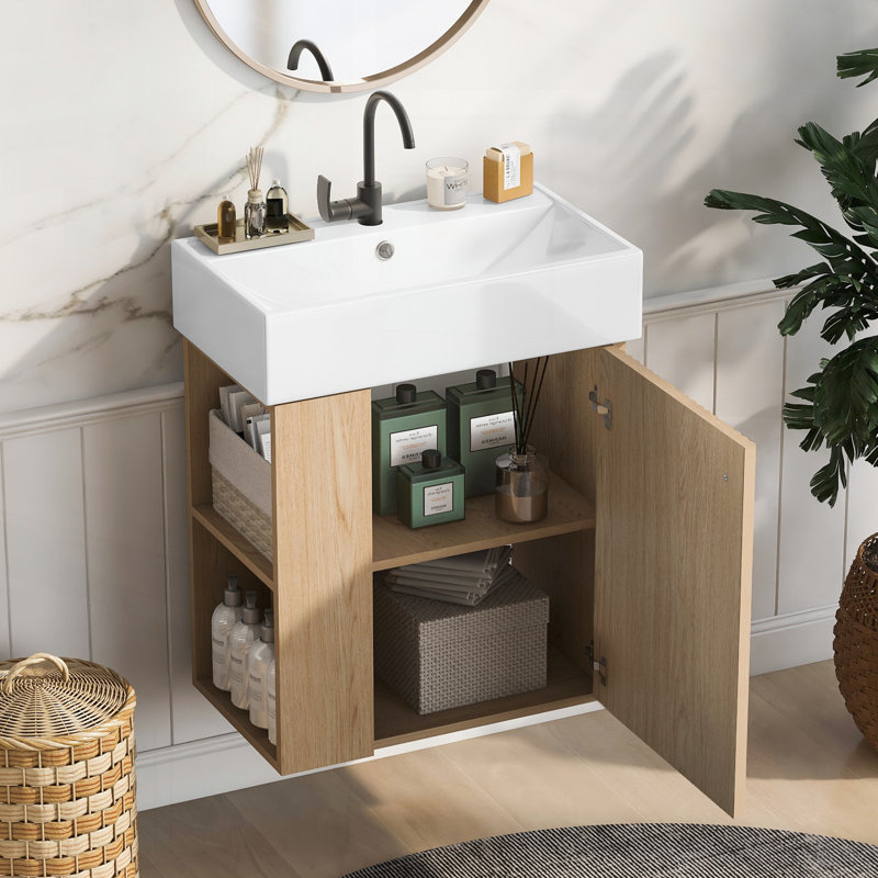 Meuble-lavabo flottant moderne de 21,6 po avec lavabo en céramique et rangement à gauche pour les espaces compacts, Bois