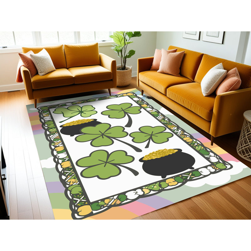 The Holiday Aisle® Washable Saint Patrick's Day Clover Leprechaun Holiday Rug, Rectangle 5' x 8'