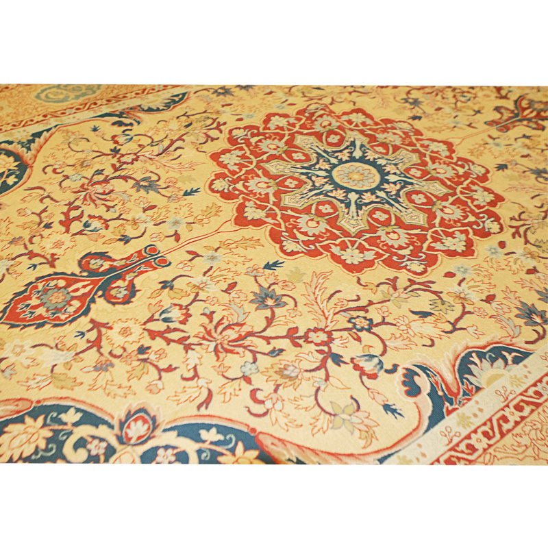 Tapis doré et bleu de haute qualité noué à la main