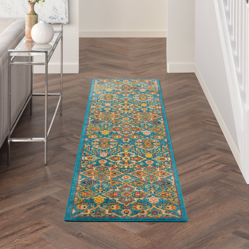 Tapis oriental traditionnel turquoise Lakenya, Tapis de couloir 2 pi 3 po x 7 pi 6 po