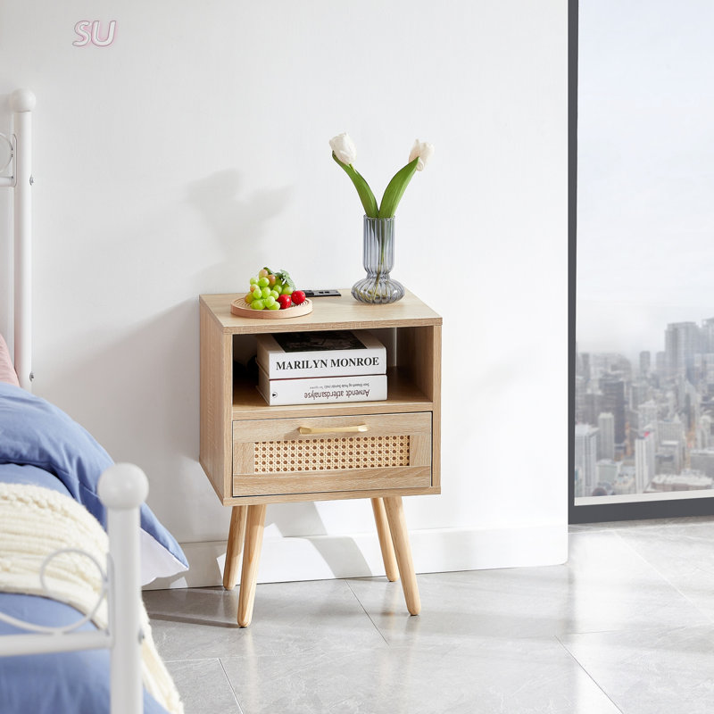 15.75 Inch Rattan End Table With Power Outlet And USB Ports, Modern Nightstand With Drawer And Solid Wood Legs For Living Room And Bedroom