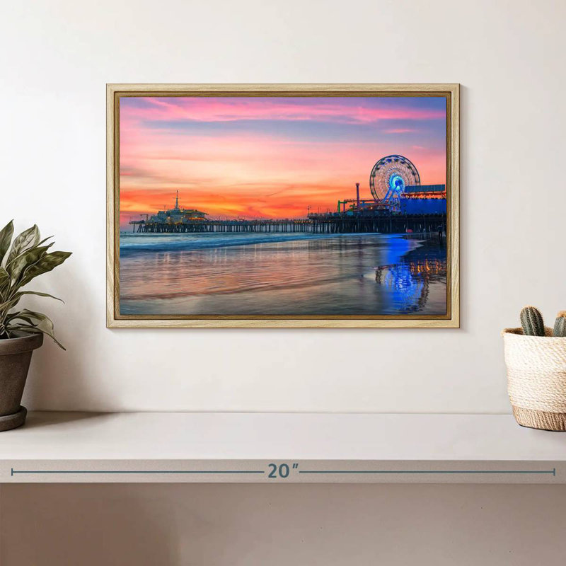 Santa Monica Beach Panorama, Floating Frame Natural Wood, 13" X 9"