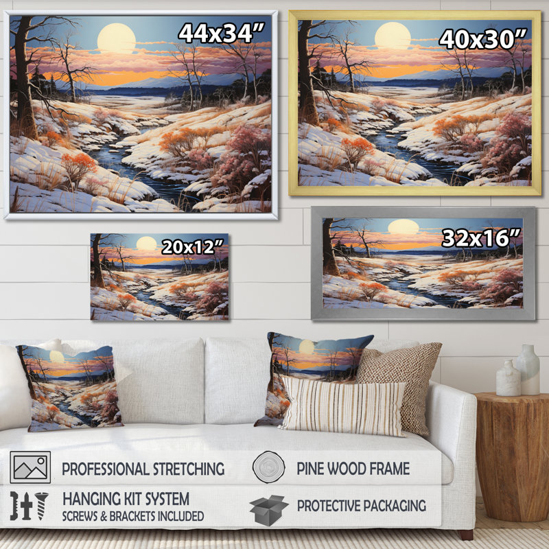 «Snow Sunset Frozen Pastoral», reproduction sur toile, H 24 po x l 32 po x P 1 po, Toile tendue