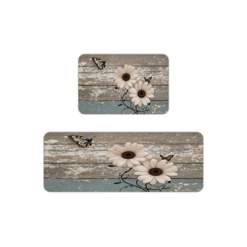 Ensemble de 2 tapis de cuisine marguerites et papillons, Bleu / marguerites grises / papillons