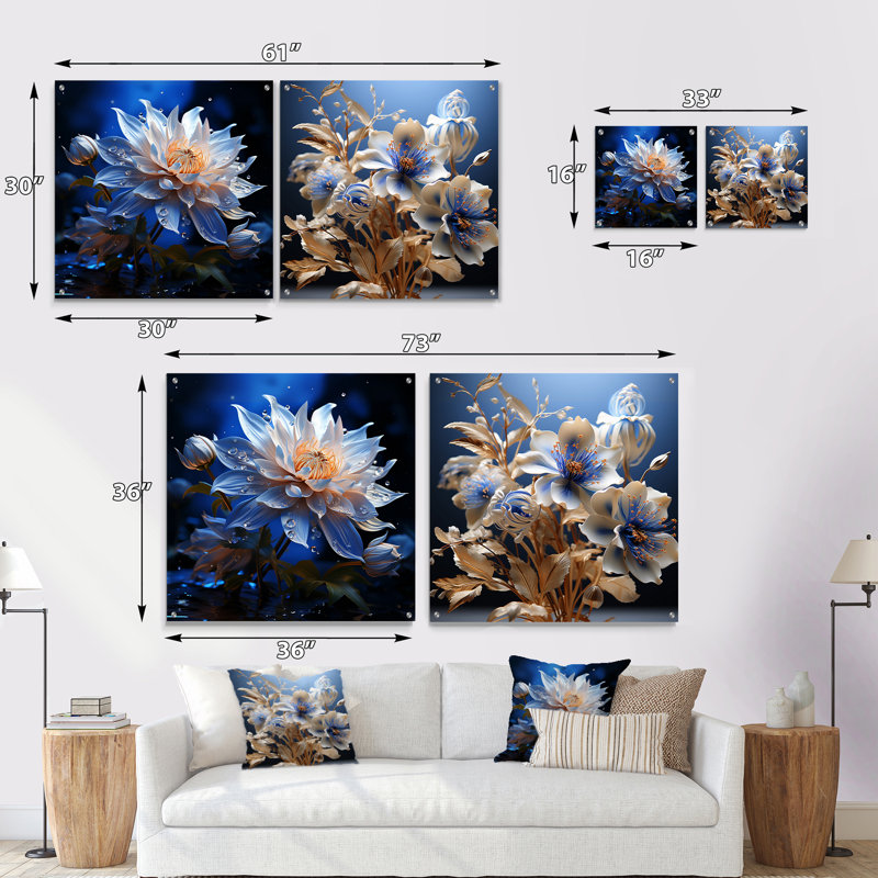 Cristal bleu cornflowers Harmony - ensemble de 2 fleurs murales en acrylique, H 16 po x l 33 po