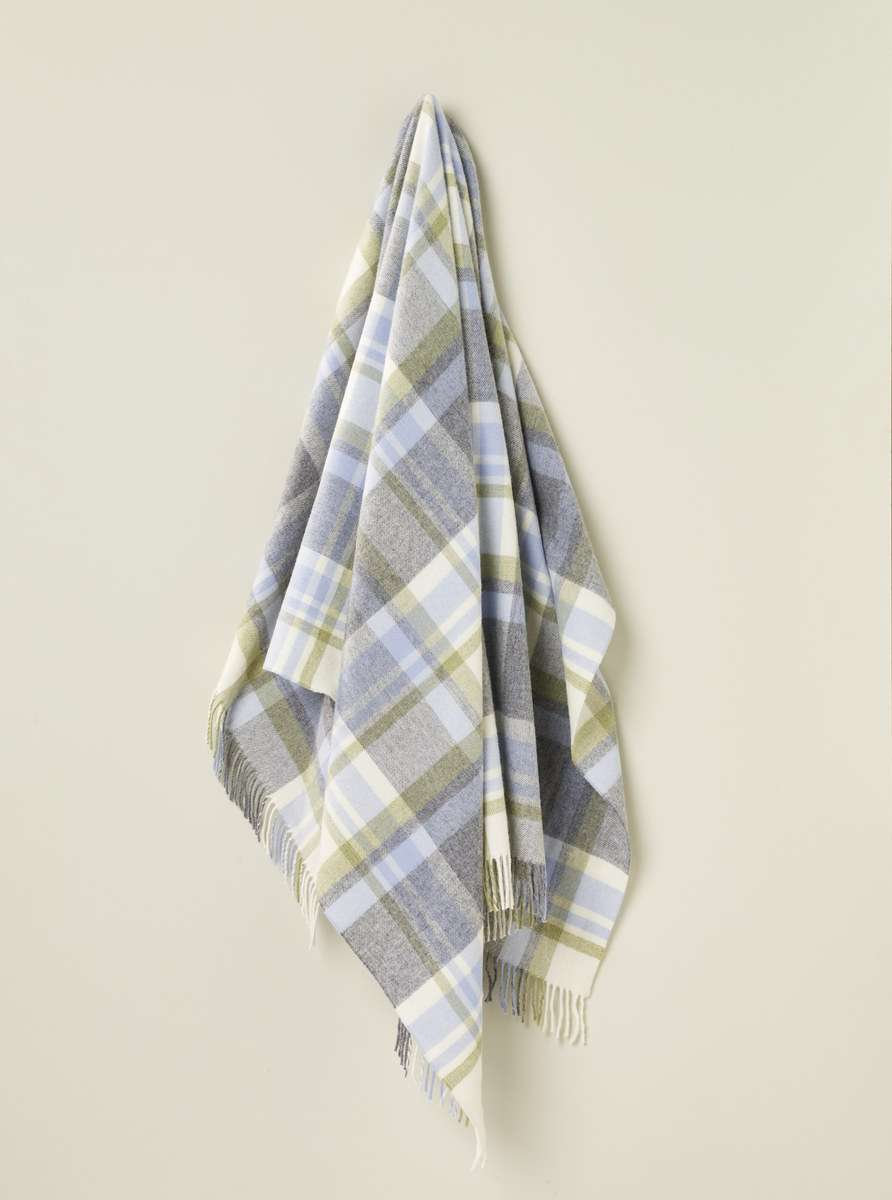 Merino Lambswool Throw/Blankets Reversible Wool Throw Blanket, Blue/Gray/Beige Checkered