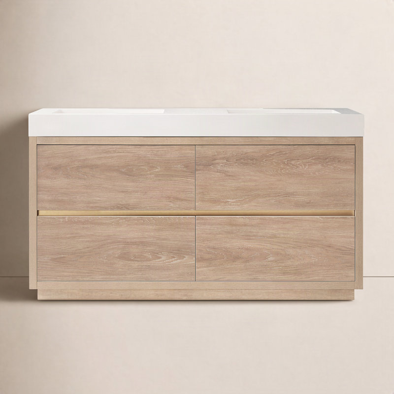 Beira 59.8'' Double Bathroom Vanity with Composite Top, White, North American Oak