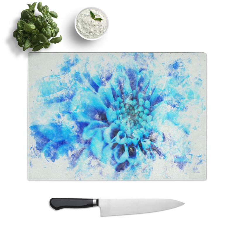 Tempered Glass Blue Dahlia Flower Chopping Board, 20 cm x 28.5 cm