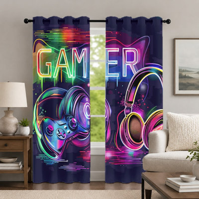 2Pcs Neon Gamer Style Curtains, Vibrant Headphones and Controller Print Curtain, Modern Colorful Gaming Atmosphere Grommet Drapes, Window Treatment for Bedroom Living Room Decor